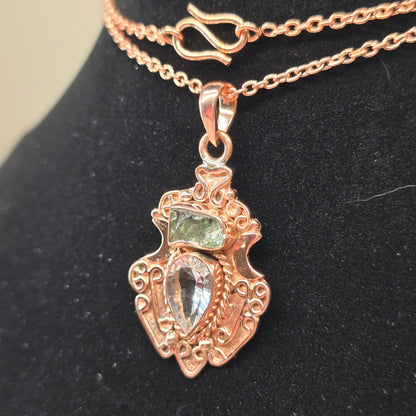 Moldavite & Clear Quartz Copper Crescent Moon Necklace | 20" S-Hook Chain