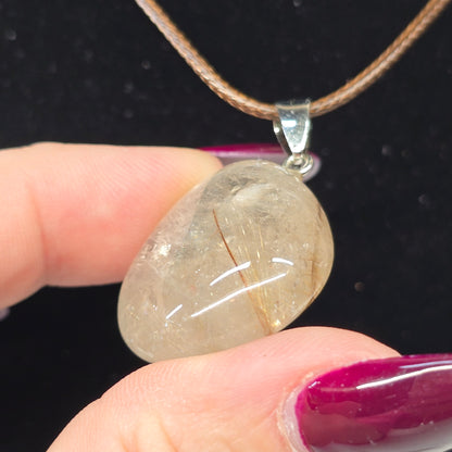 Golden Rutilated Quartz Crystal Necklace | Adjustable 18"-20" Brown Braided Wax Rope | Crab Claw