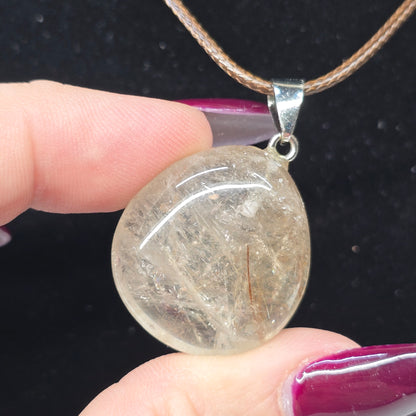 Golden Rutilated Quartz Crystal Necklace | Adjustable 18"-20" Brown Braided Wax Rope | Crab Claw