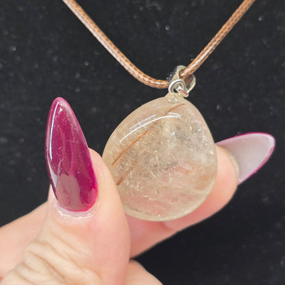 Golden Rutilated Quartz Crystal Necklace | Adjustable 18"-20" Brown Braided Wax Rope | Crab Claw