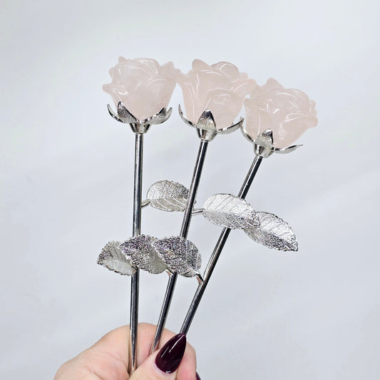 Rose Quartz Floral on Silverish Metal Stem with Leaves | Natural Crystal & Stone Carving | Unique Valentine's Anniversary Metaphysical Healing Love Gift