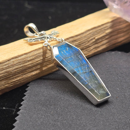 Labradorite Coffin Cut Pendant with Bat Detail | Sterling Silver (S925)