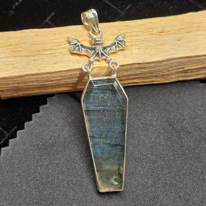 Labradorite Coffin Cut Pendant with Bat Detail | Sterling Silver (S925)