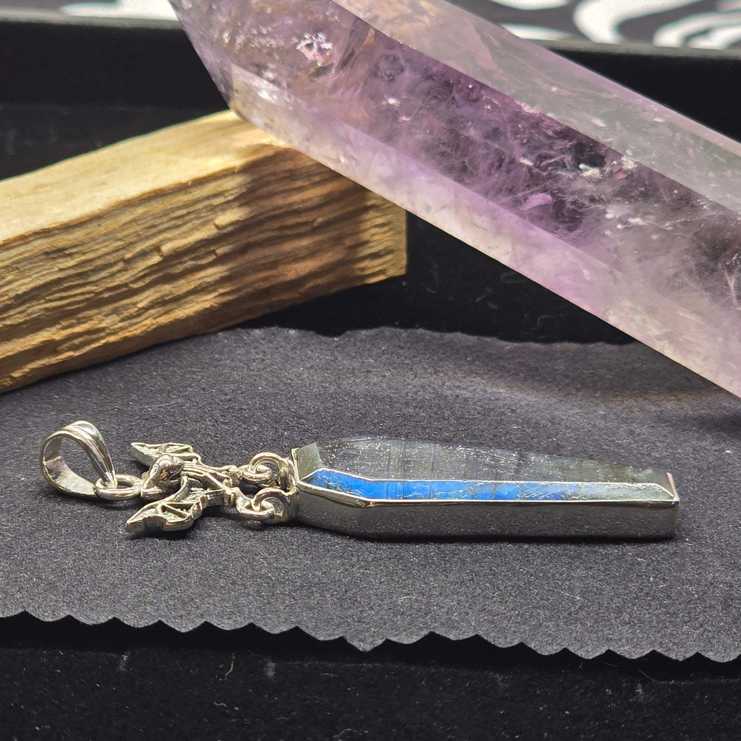 Labradorite Coffin Cut Pendant with Bat Detail | Sterling Silver (S925)