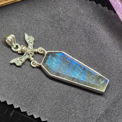 Labradorite Coffin Cut Pendant with Bat Detail | Sterling Silver (S925)