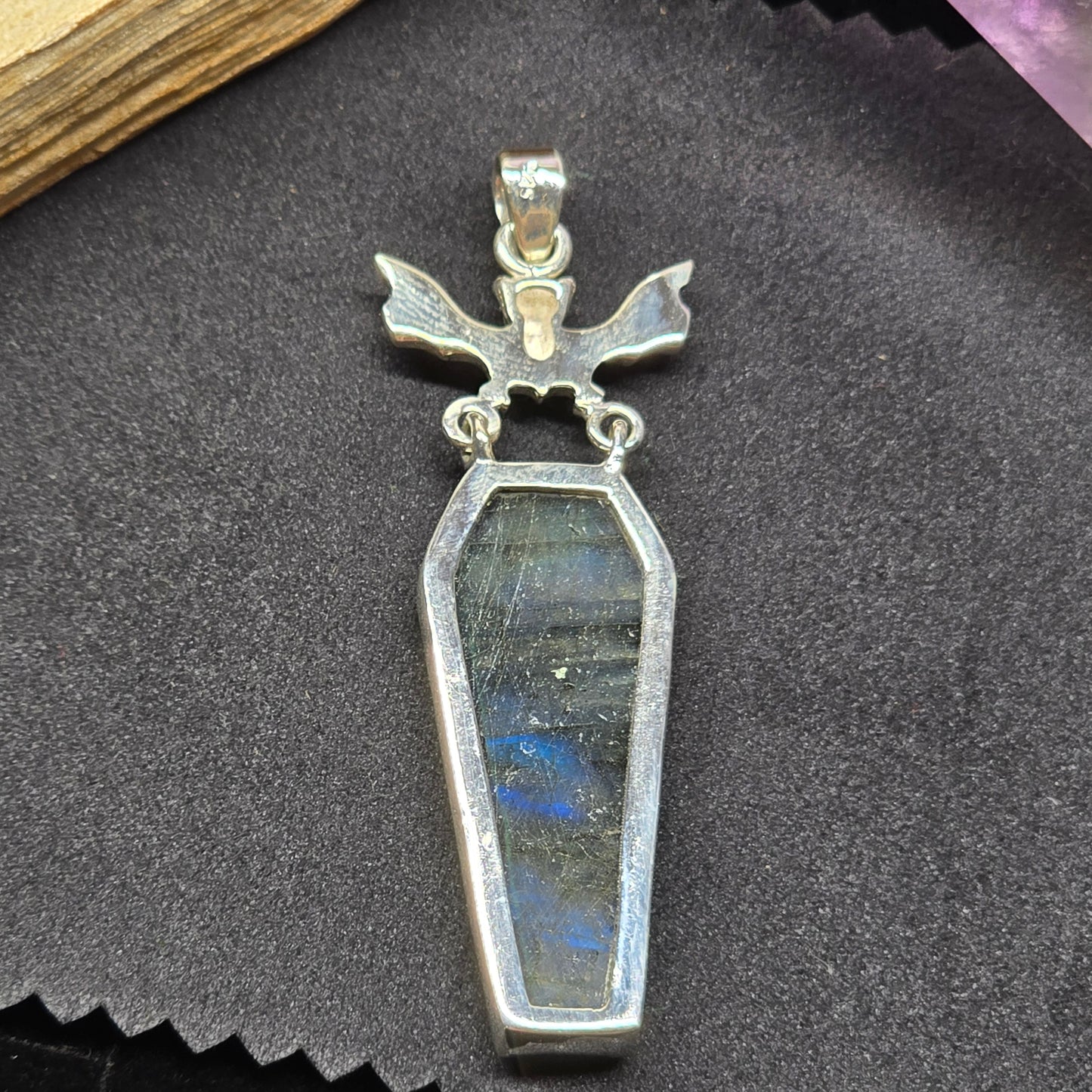 Labradorite Coffin Cut Pendant with Bat Detail | Sterling Silver (S925)
