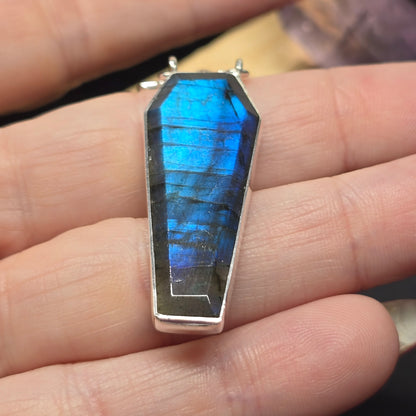 Labradorite Coffin Cut Pendant with Bat Detail | Sterling Silver (S925)