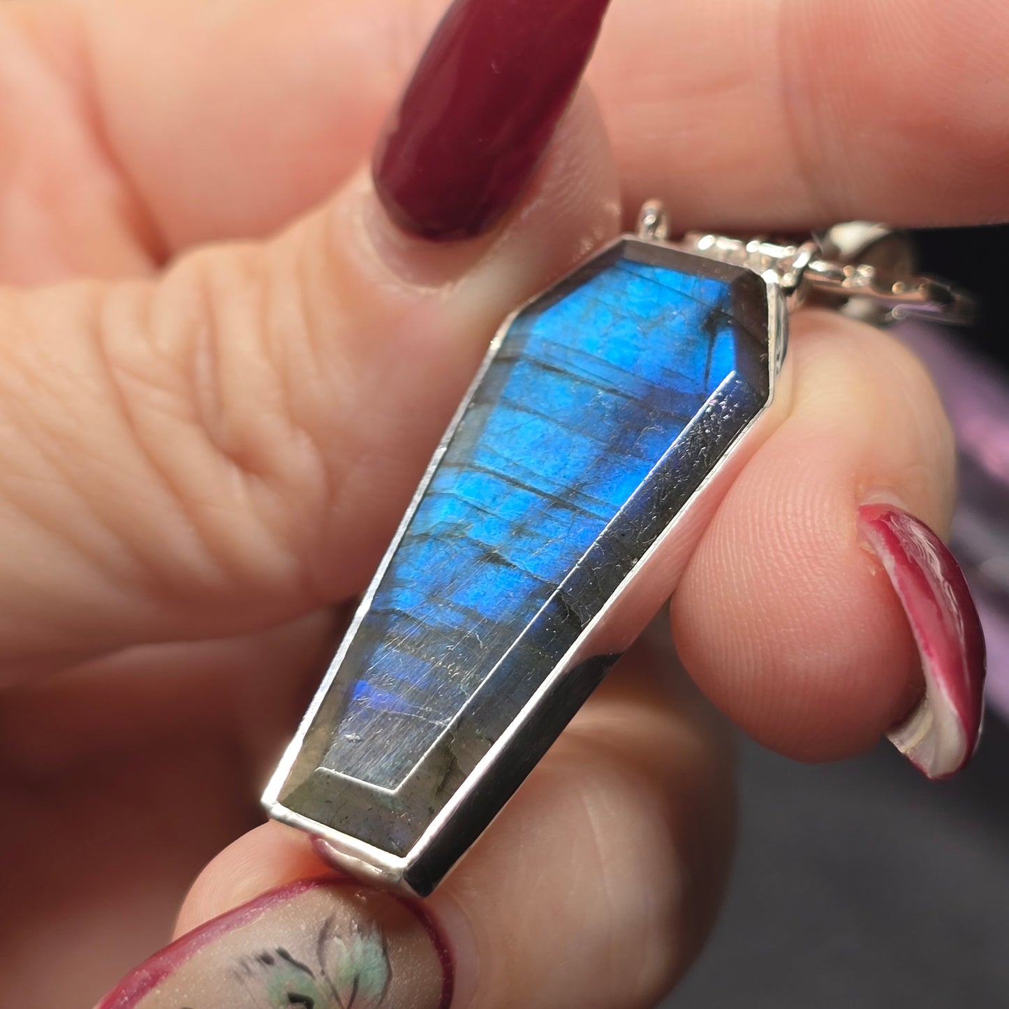 Labradorite Coffin Cut Pendant with Bat Detail | Sterling Silver (S925)
