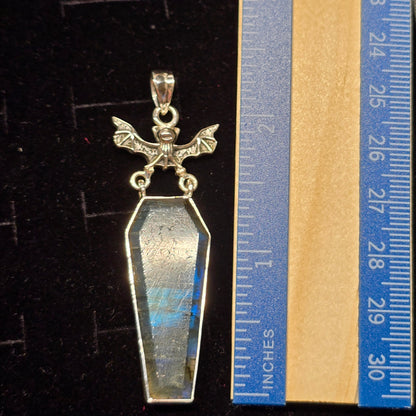 Labradorite Coffin Cut Pendant with Bat Detail | Sterling Silver (S925)