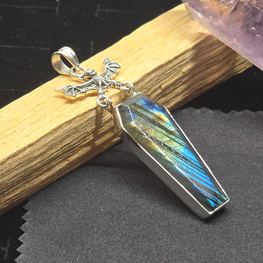 Labradorite Coffin Cut Pendant with Bat Detail | Sterling Silver (S925)