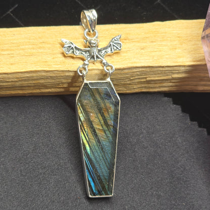 Labradorite Coffin Cut Pendant with Bat Detail | Sterling Silver (S925)