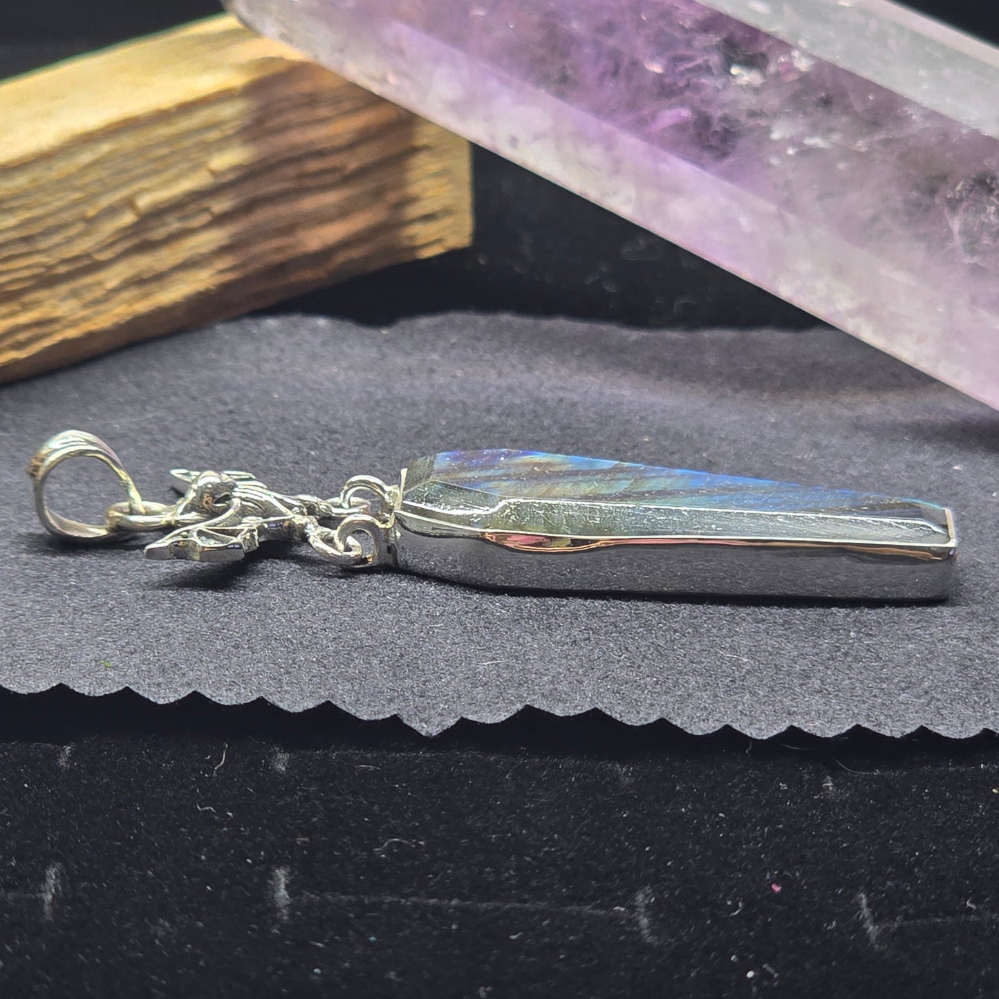 Labradorite Coffin Cut Pendant with Bat Detail | Sterling Silver (S925)