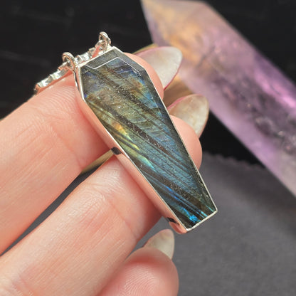 Labradorite Coffin Cut Pendant with Bat Detail | Sterling Silver (S925)