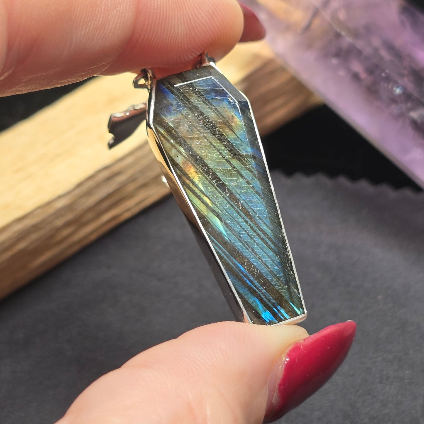 Labradorite Coffin Cut Pendant with Bat Detail | Sterling Silver (S925)