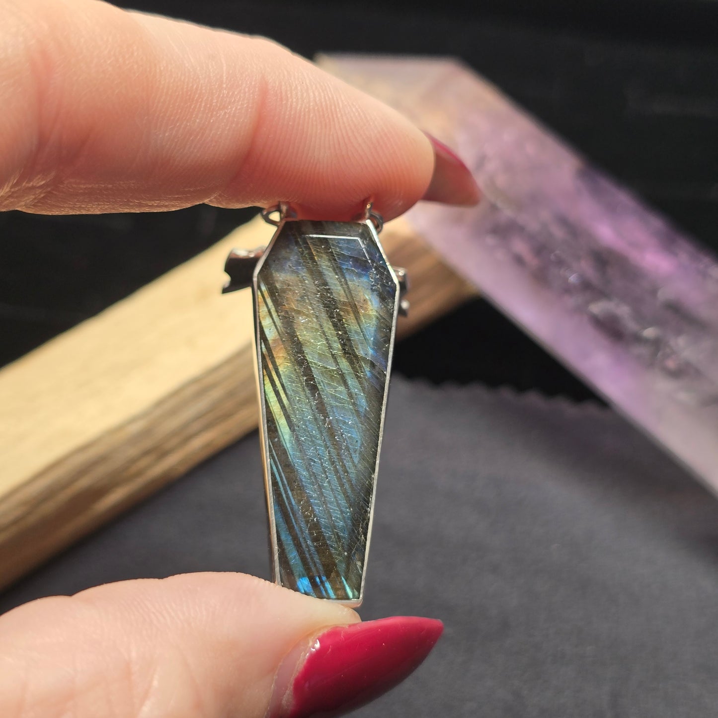 Labradorite Coffin Cut Pendant with Bat Detail | Sterling Silver (S925)