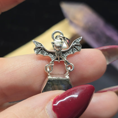 Labradorite Coffin Cut Pendant with Bat Detail | Sterling Silver (S925)