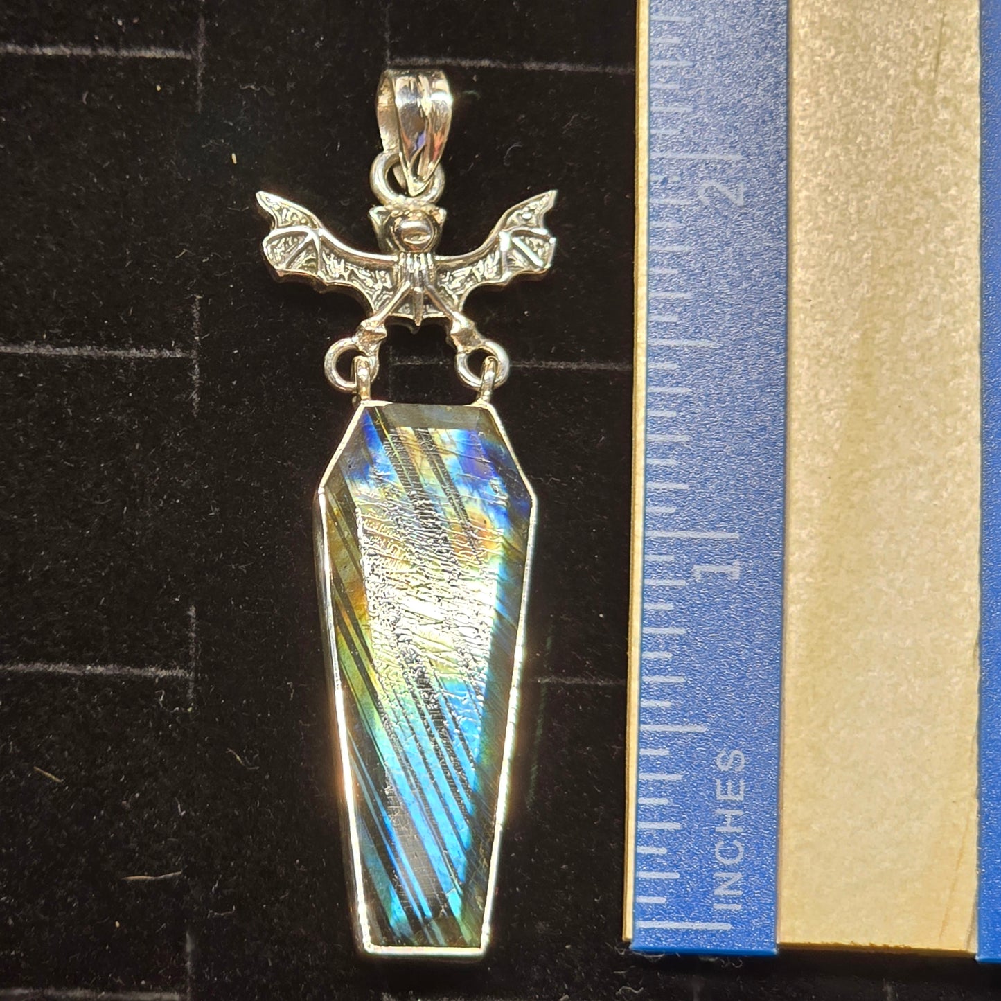 Labradorite Coffin Cut Pendant with Bat Detail | Sterling Silver (S925)