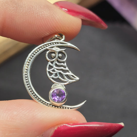 Moon & Owl Amethyst Pendant | Sterling Silver (s925)