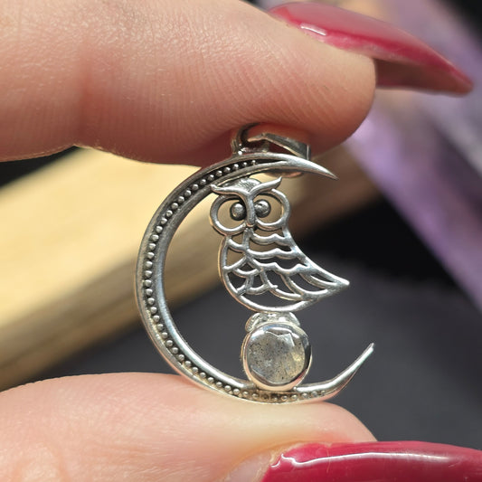 Moon & Owl Labradorite Pendant | Sterling Silver (s925)