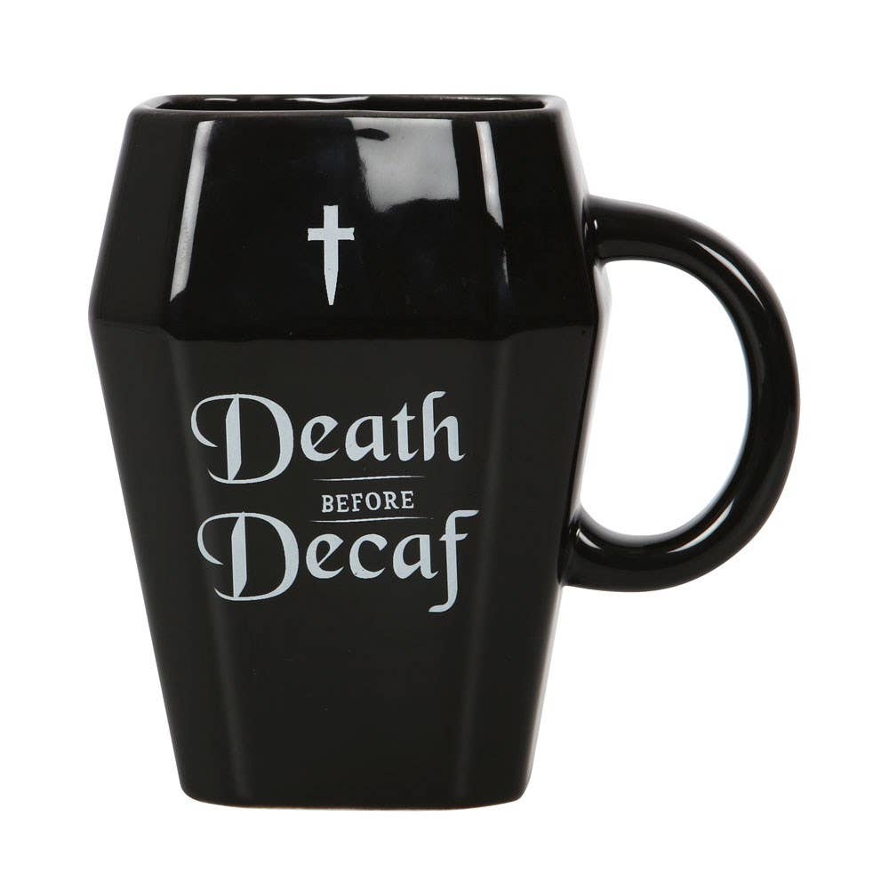 Gothic Halloween Death Before Decaf Coffin Mug