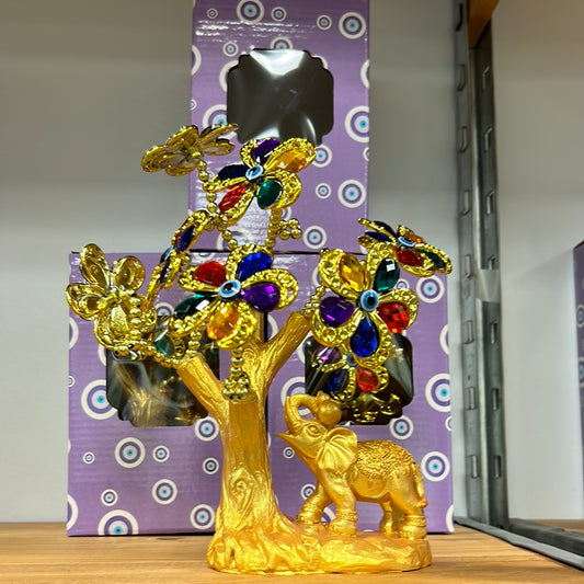 Ojo Evil Eye Tree with Multi Color Flower Goldtone Elephants Figurine