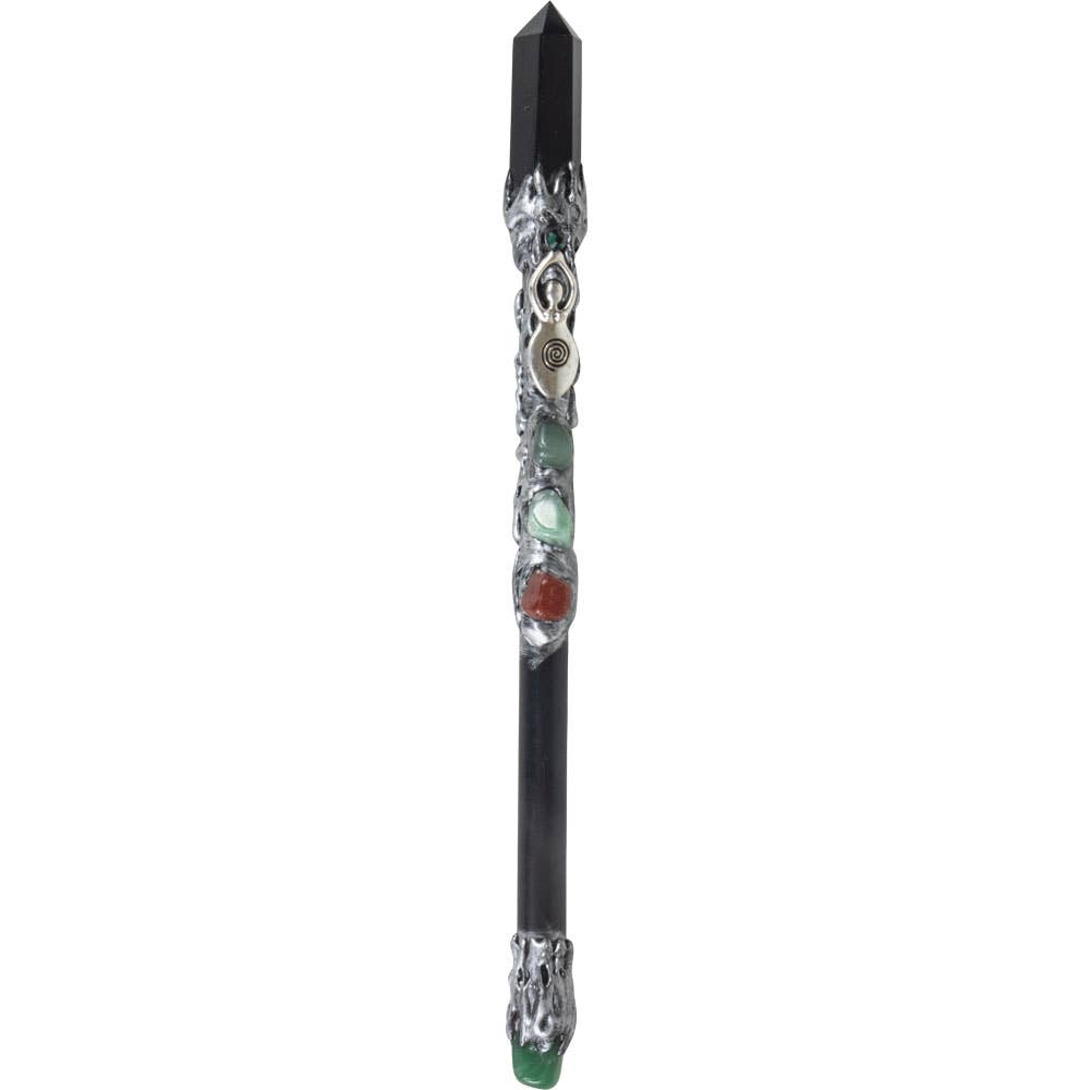 Magick Wand - Black Obsidian Point w/ Silver Spiral Goddess