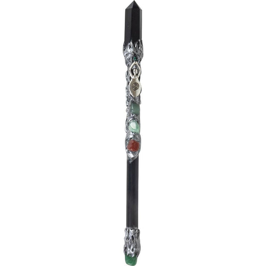 Magick Wand - Black Obsidian Point w/ Silver Spiral Goddess