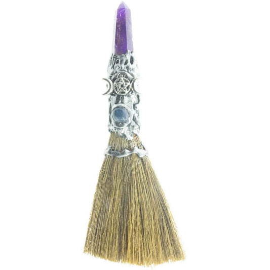 8" Wicca Broom - Amethyst w/ Silver Triple Moon