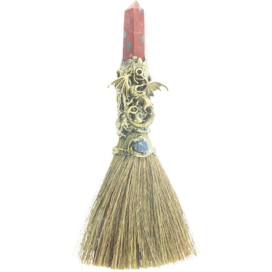 8" Wicca Broom - Red Jasper w/ Gold Dragon