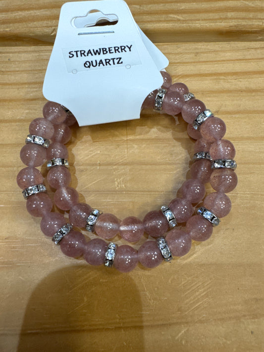 Strawberry Quartz w/ Rhinestones| Natural Crystal Stone Bead Stretch Bracelet