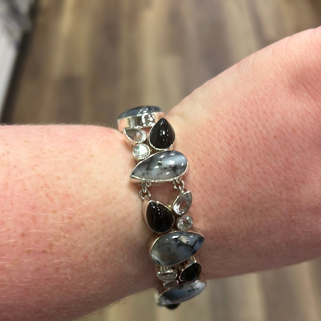 Dendritic Opal, Onyx and Clear Quartz Bracelet