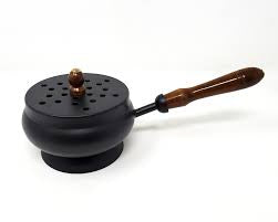 9" Black Charcoal Burner With Wooden Handle And Lid