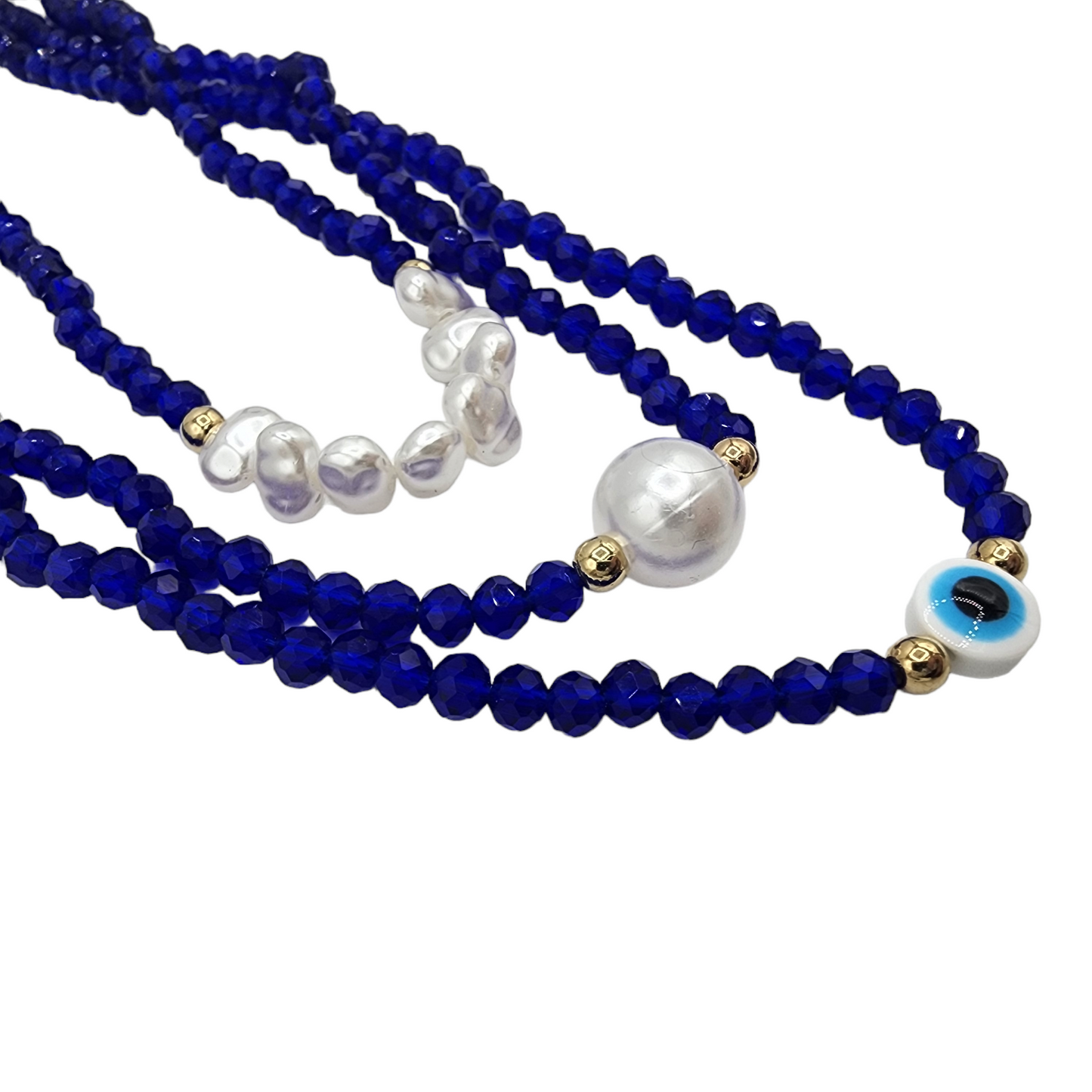 Ojo Evil Eye w/ Blue Rhinestone Triple Layered Adjustable Necklace