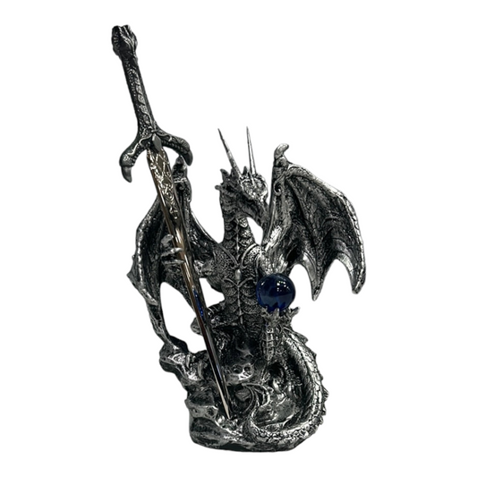 Black and Silver Dragon w/ Sphere & Sword Figurine