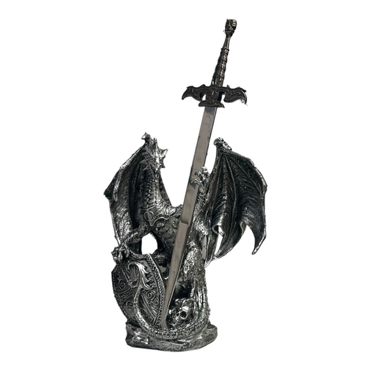 10" Medieval Silver Dragon w/ Shield & Sword Guardian Statue