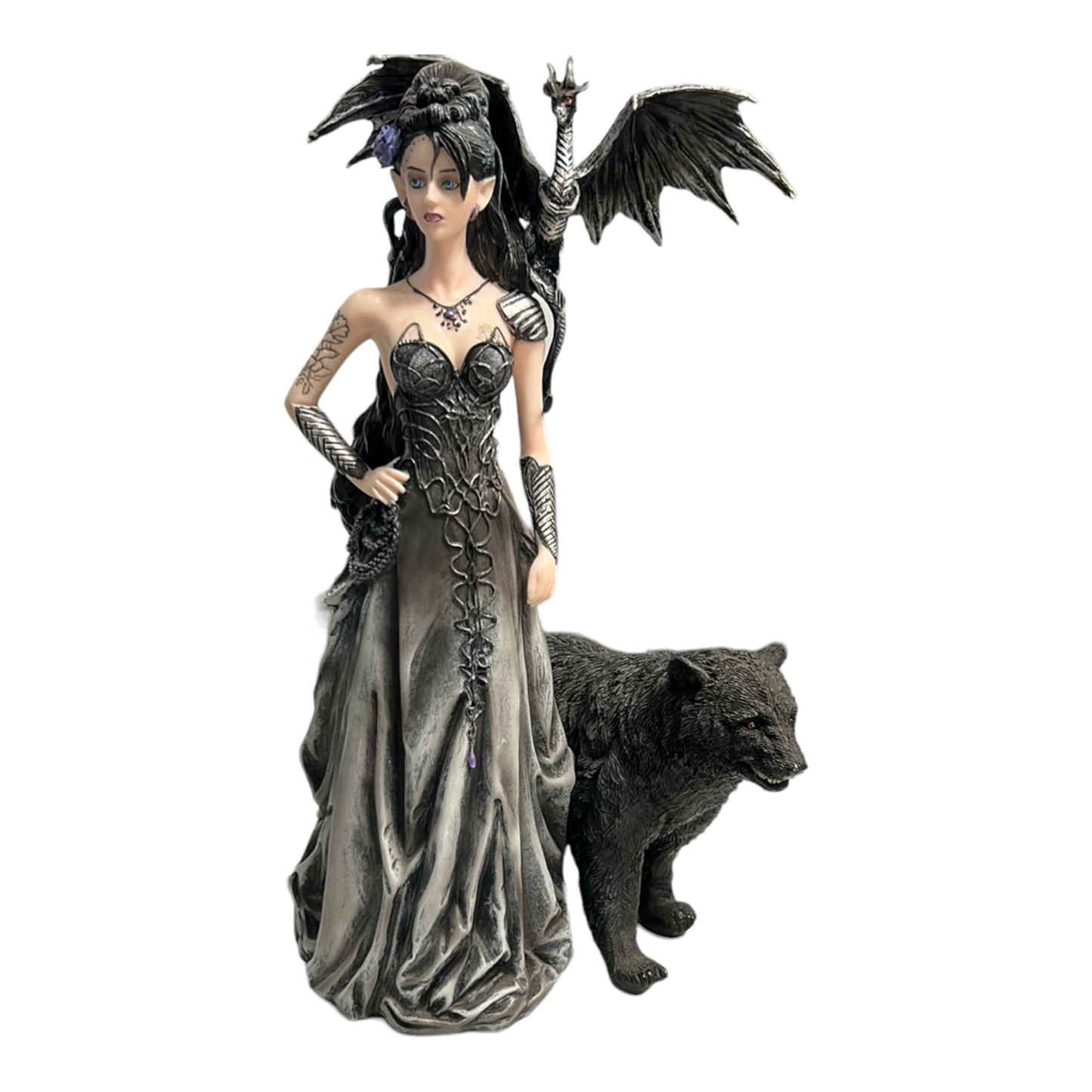 Gothic Bella Donna Purple Rose Witch Fairy with Black Dragon And Bear Statue