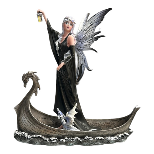 Gothic Black Fairy with Baby Dragon In Boat Holding Lantern Statue