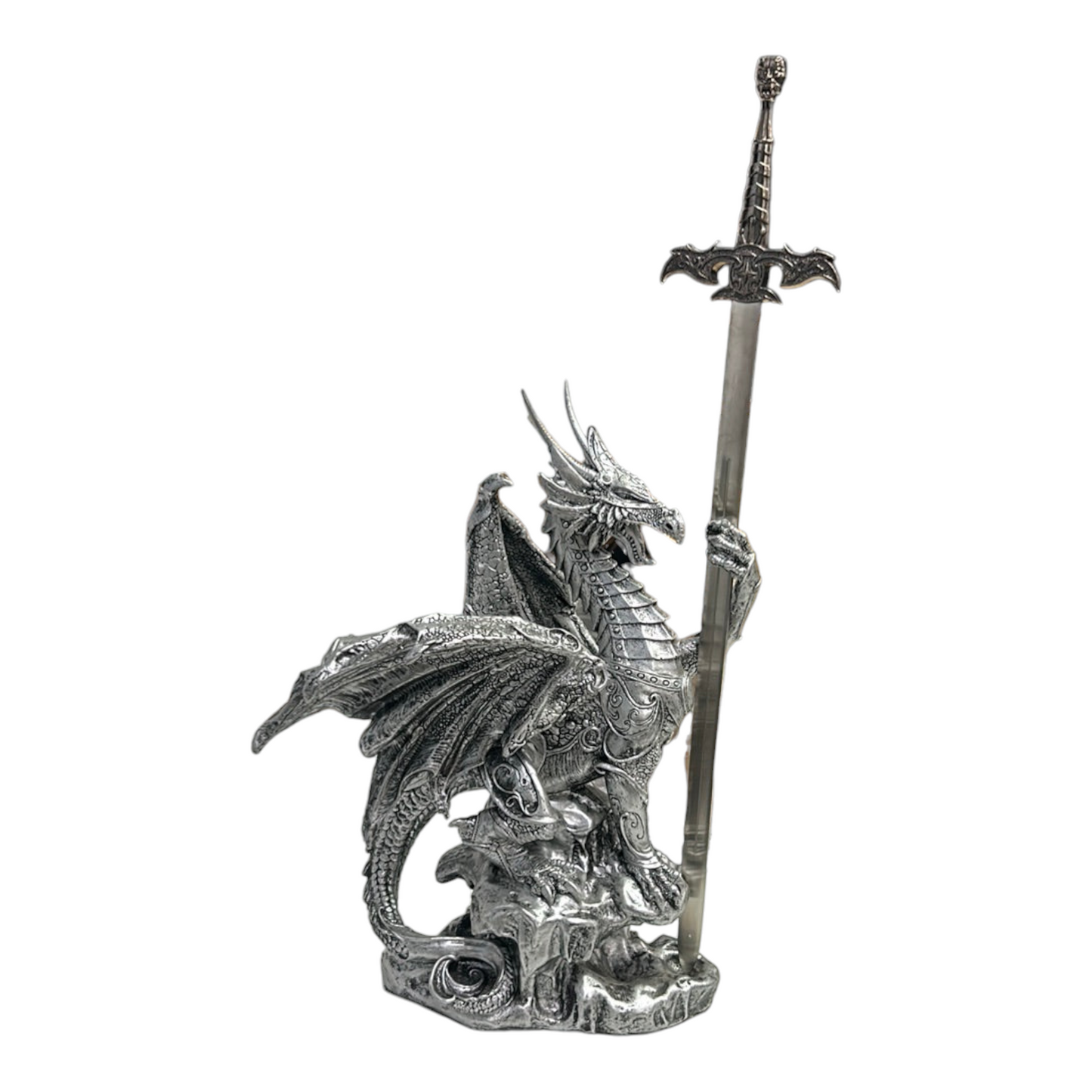 18” Black and silver dragon w/castle and sword