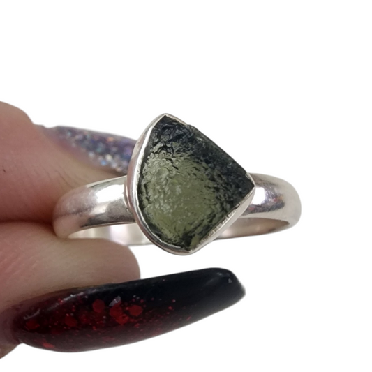 Moldavite Rough Sterling Silver Ring sz8