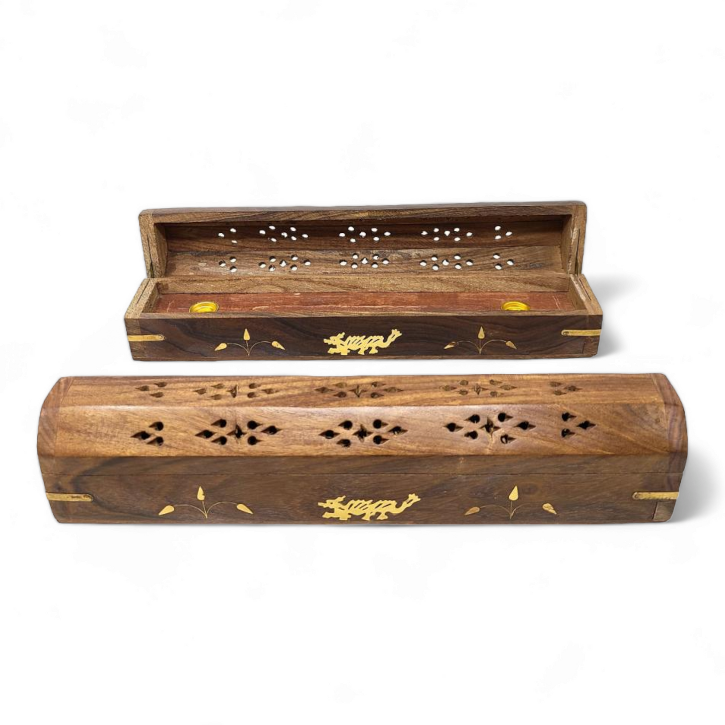 Dragon Inlaid Wood Coffin Incense Ash Catcher & Cone Burner