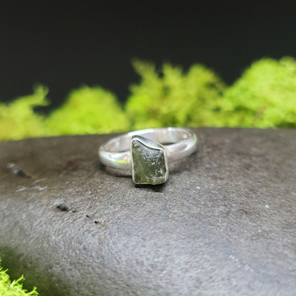 Moldavite Rough Sterling Silver Ring sz8