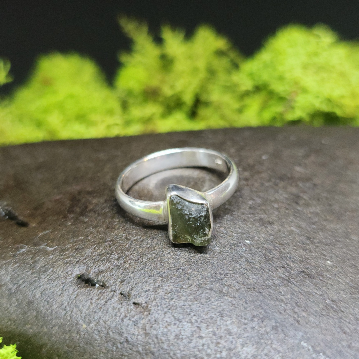 Moldavite Rough Sterling Silver Ring sz8