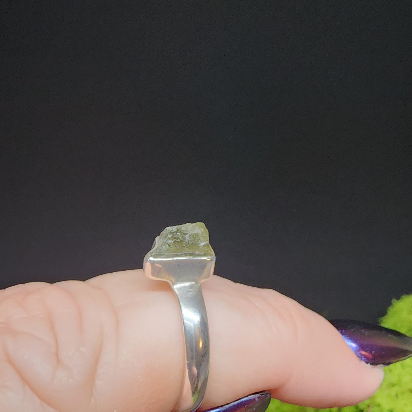 Moldavite Rough Sterling Silver Ring sz8