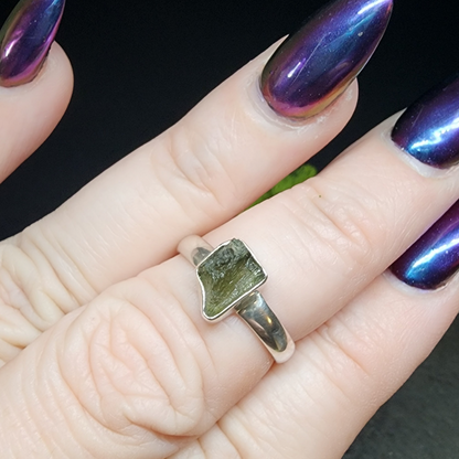 Moldavite Rough Sterling Silver Ring sz8