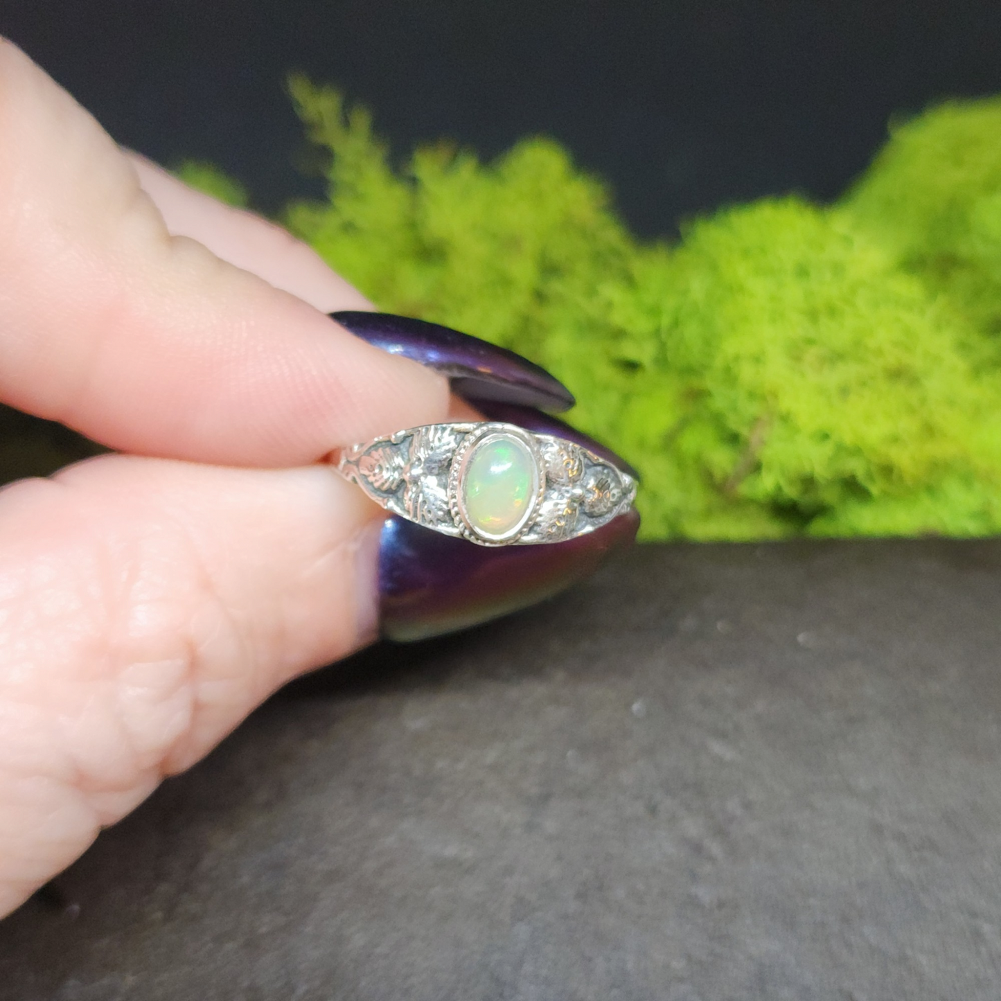 Ethiopian Opal Leaf Sterling Silver Rings