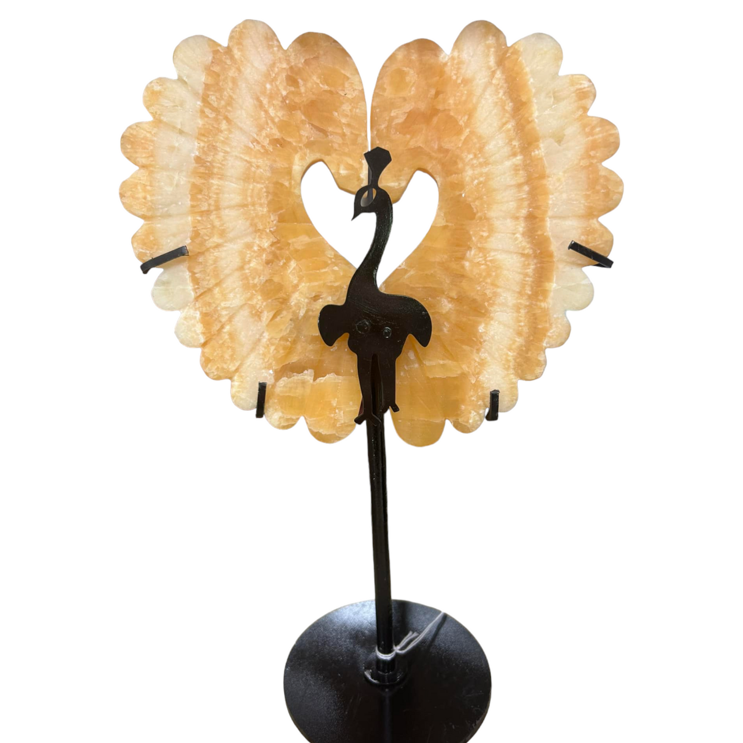 Orange Banded Calcite Heart Peacock Wings with Stand