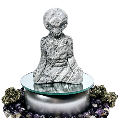 1.5lb Picasso Grey Jasper Meditating Alien | Natural Crystal Carved & Polished Stone