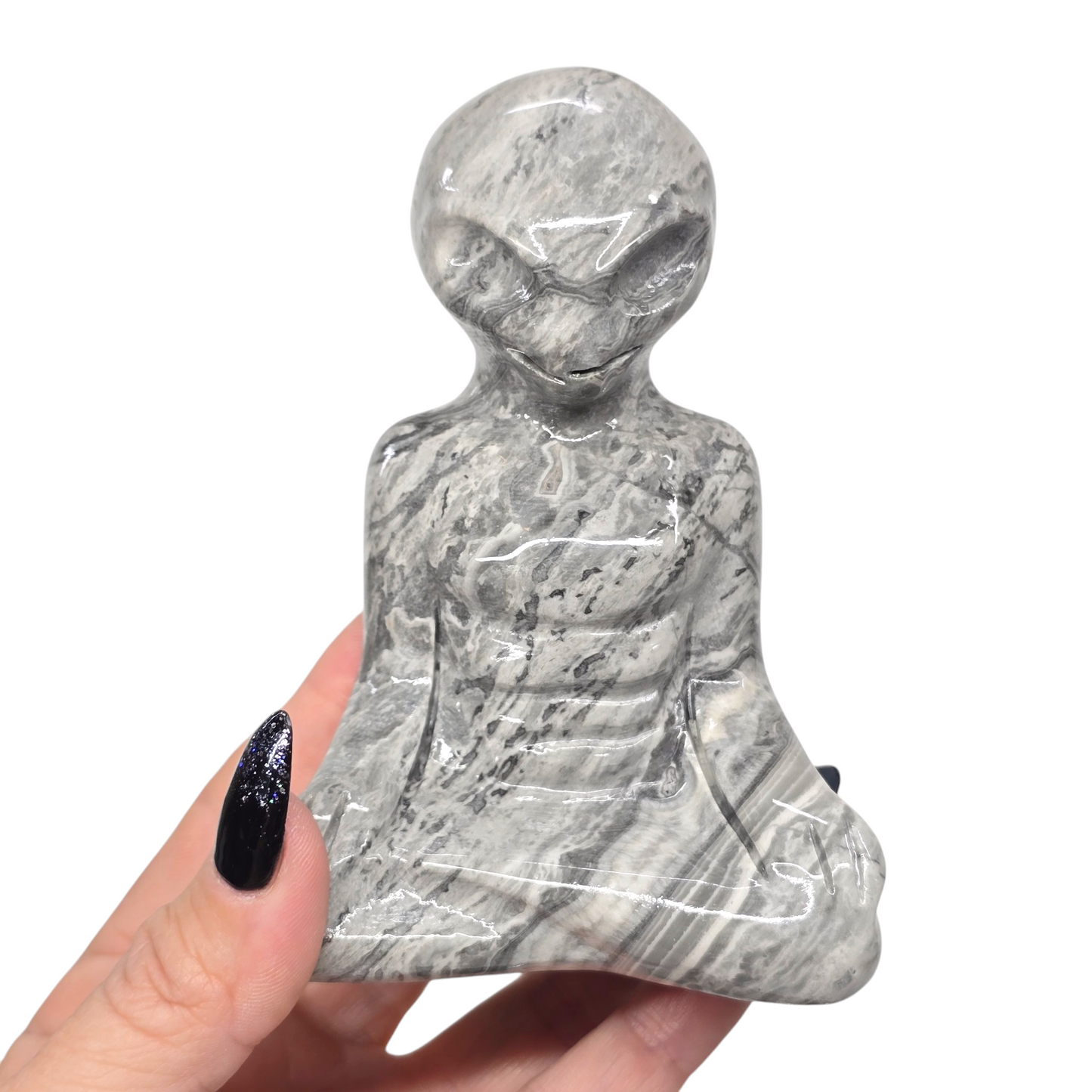 1.5lb Picasso Grey Jasper Meditating Alien | Natural Crystal Carved & Polished Stone