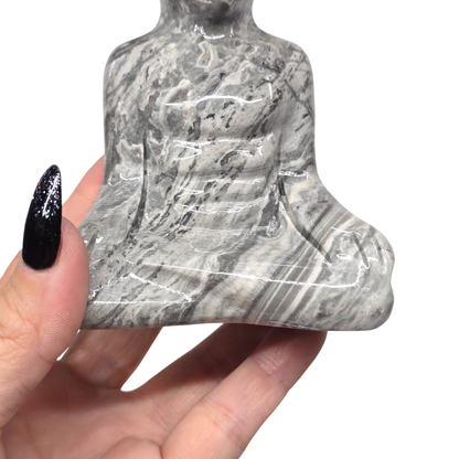 1.5lb Picasso Grey Jasper Meditating Alien | Natural Crystal Carved & Polished Stone