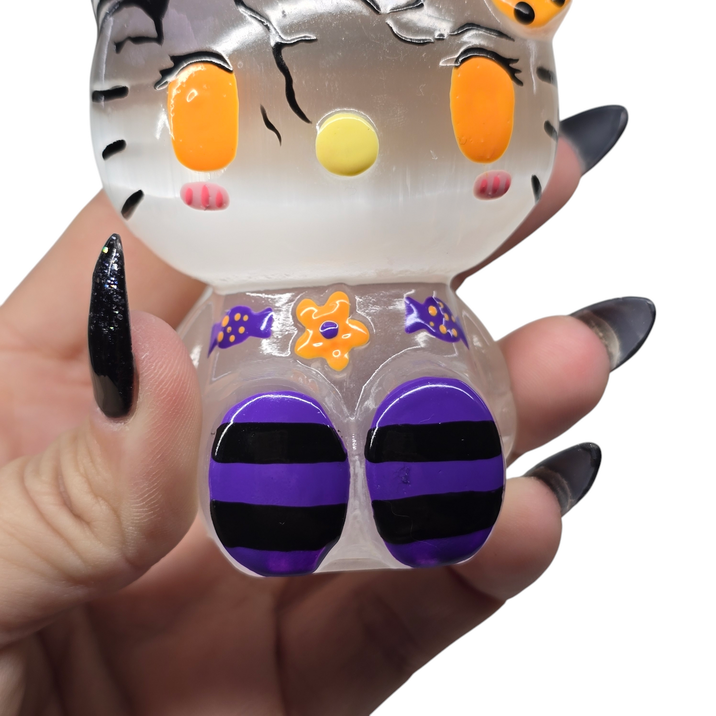 4" Selenite Handpainted Hello Kitty | Natural Crystal Carved Halloween Figurine